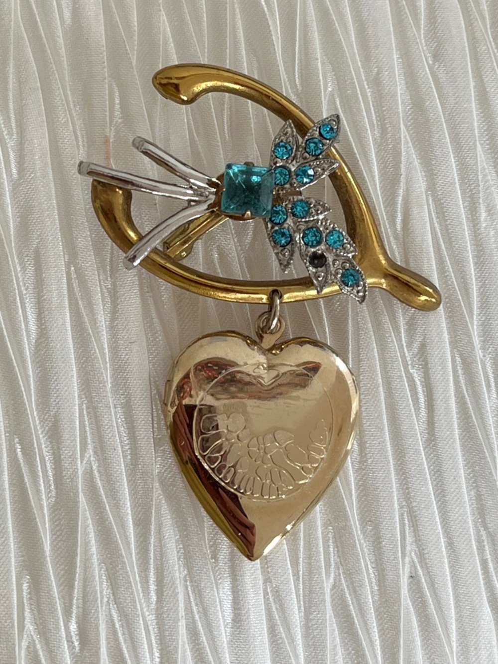 VINTAGE Wishbone Brooch Blue Rhinestones Dangling Heart Shape Locket Mid-Century